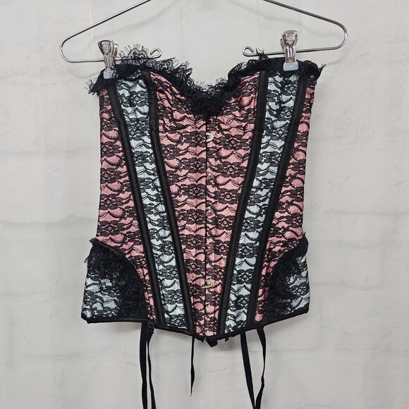 Adore Me Corset Black Pink Lace Ribcage Lace Up Whimsigoth S - Picture 9 of 11